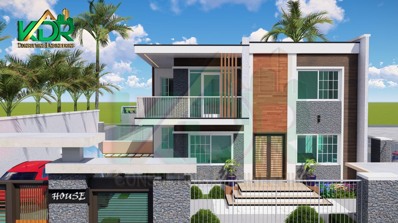 Vue 3D de la façade d'une villa R+1 moderne dessinée par KDR Consulting Engineering